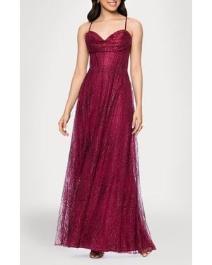 Blondie Nites Glitter Drape Lace-Up Gown - Red