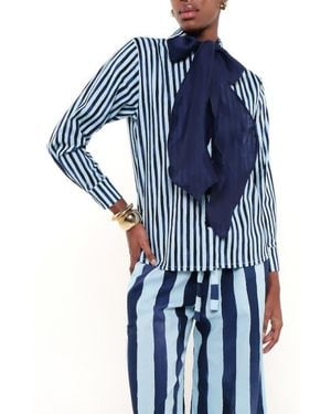 The Lulo Project Olivia Tie Neck Linen Blend Shirt - Blue