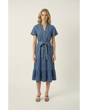 Modenaire Belted Denim Ruffle Hem Dress - Blue