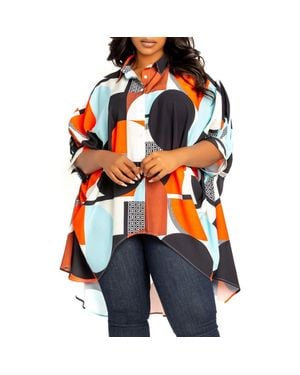 Buxom Couture Mixed Geo Print High-Low Button-Up Shirt - Orange