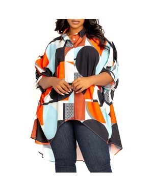 Buxom Couture Mixed Geo Print High-Low Button-Up Shirt - Orange