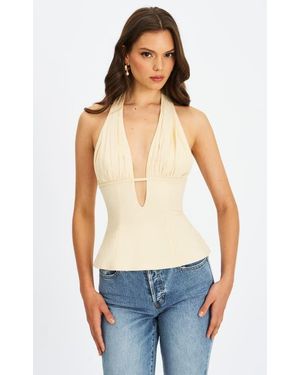 Miss Circle Quinzella Smock Back Halter Neck Linen Top - Blue