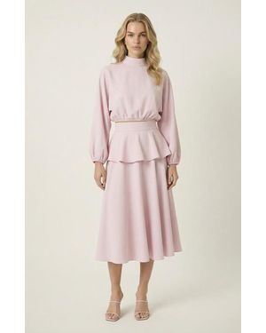 Modenaire Mock Neck Peplum Top And Mini Skirt Set - Pink
