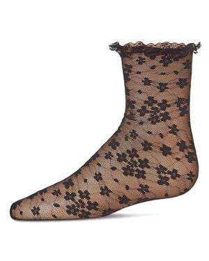 Memoi Kid's Lace-Trim Floral Net Ankle Sock - Brown