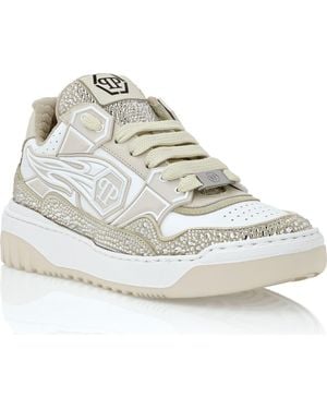 Philipp Plein Mix Leather Lo-Top Sneakers Strass Hexagon Rhinestone - Metallic