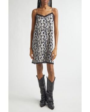 R13 Lace Trim Leopard Print Silk Slipdress - Black