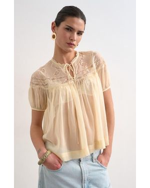 TOPSHOP Sheer Tie Neck Lace Trim Top - Natural