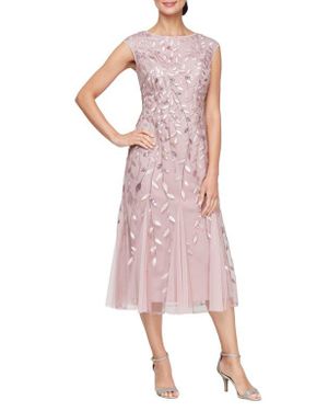 Alex Evenings Stretch Taffeta Faux Wrap Midi Cocktail Dress in Blue
