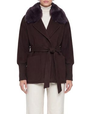 Gorski Fabric Jacket With Detachable Genuine Shearling Collar, Belt - Brown