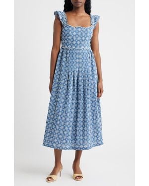 Moon River Embroidered Flutter Sleeve Cotton Blend Midi Dress - Blue