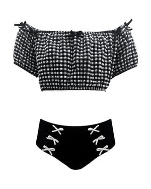 NESSI BYRD Checkered Off Shoulder & Lace-Up Two Piece Bikini,Toddler-Little Kid & Big Kid - Black