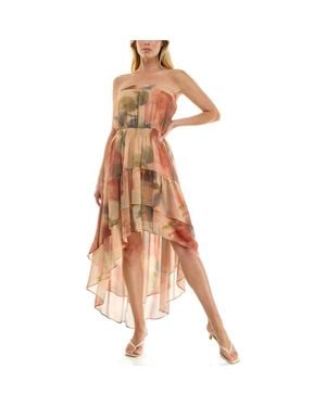 Socialite Abstract Print Strapless High-Low Tiered Midi Dress - Brown