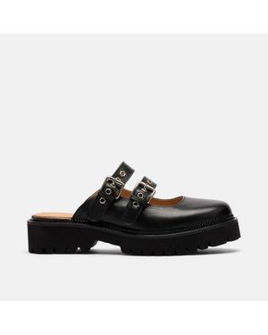 MARC NOLAN Lexi Leather Double-Buckle Lug Mules - Black