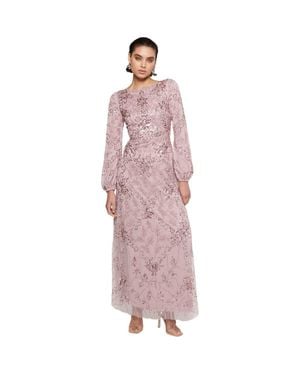 MARYISA Occasion Modest Embellished Sequin Beaded Floral Evening Gown - Pink