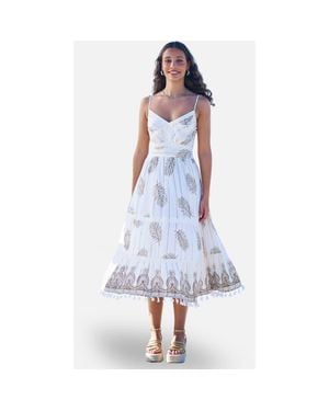 Yumi' Foil Print Lace Trim Midi Sun Dress - Blue