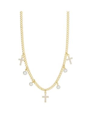 ATHRA LUXE Imitation Pearl Pavé Cross Necklace - Metallic