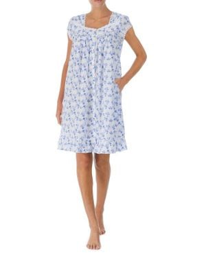 Eileen West Floral Print Cap Sleeve Button Front Short Robe - Blue