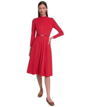 Halston Long Sleeve Knit Midi Dress With Hardware - Red
