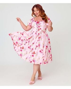 Unique Vintage Plus Size 1940S Sweetheart Button Front Swing Dress - Pink