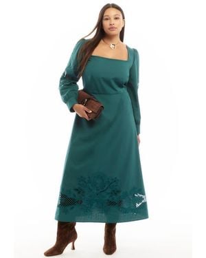 June + Vie Puff Sleeve Poplin Midi Dress - Green