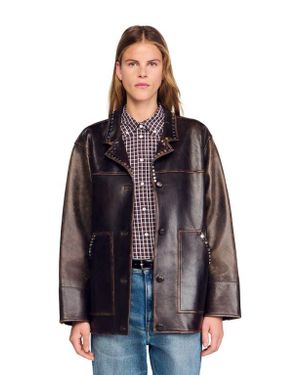 Sandro Oversized Leather Jacket With Studs - Purple