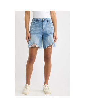 Tractr Distressed High Waist Raw Hem Denim Shorts - Blue