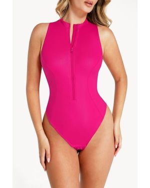 Popilush Shapewear Faux Leather Mock Neck Zip Front Sculpting Bodysuit - Pink