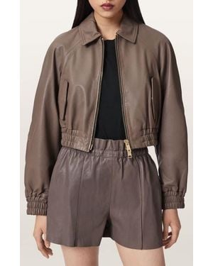 AllSaints Anouk Leather Crop Bomber Jacket - Brown