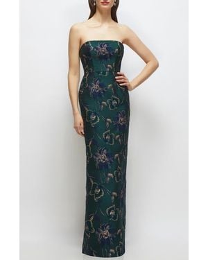calvin klein women's strapless metallic jacquard formal dress Donna Karan Women's Floral Brocade Strapless Ruffle Gown in Chocolate Plum Multi