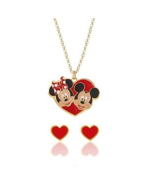 Disney Mickey & Minnie Heart Necklace And Stud Earrings Set - Red