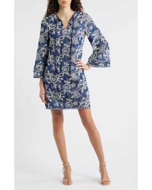 Eliza J Floral Embroidered Split Neck Shift Dress - Blue