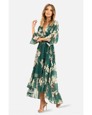 Yumi' Dip Hem Kimono Sleeve Dress - Green