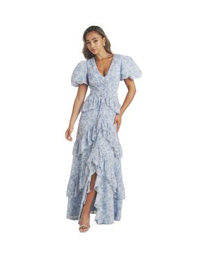 Six Stories Freya Floral Belted Ruffle Maxi Dress - Blue