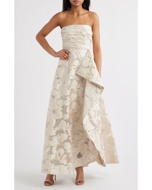 Tahari Metallic Floral Jacquard Strapless Gown - Natural