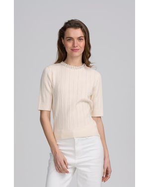 Elle Collection Fine Gauge Embellished Neck Top - Natural