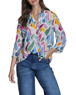 Apny Print Tassel Split Neck Chiffon Top - Blue