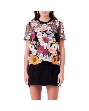 Endless Rose Floral Embroidered Appliqué Organza Top - Black