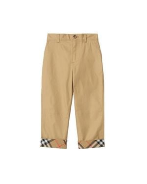 Burberry Check Turn-Up Cotton Pants - Natural