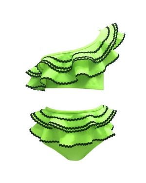 NESSI BYRD Vibrant Tiered Ruffle One-Shoulder With Ric-Rac Detail Two-Piece Bikini - Green