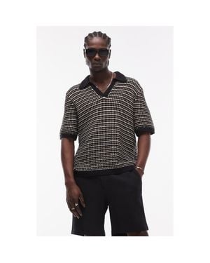 TOPMAN Johnny Collar Textured Stripe Cotton Polo Sweater - Black
