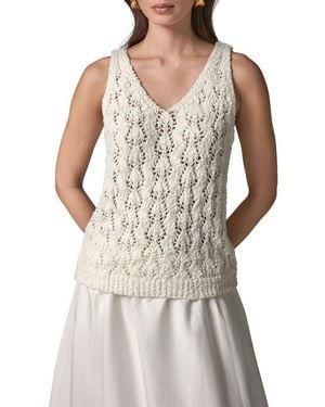 Donna Karan Double V-Neck Open Stitch Sweater Vest - White