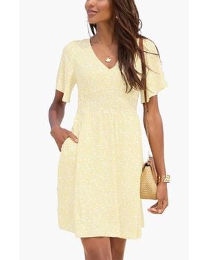 Lascana Floral Flutter Sleeve Dress - Natural