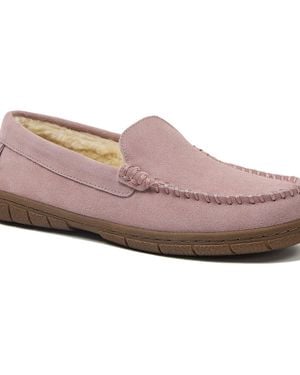 Lands' End Fuzzy Lined Suede Moccasin Slippers - Pink