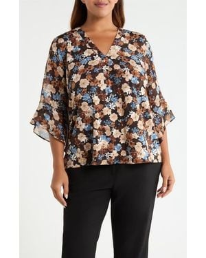 Anne Klein Floral Split Neck Bell Sleeve Top - Black