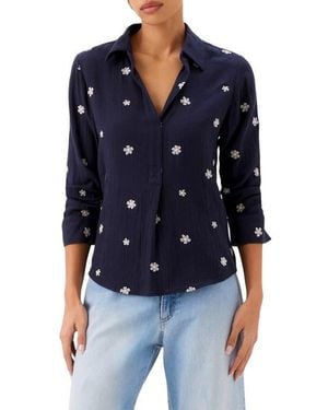 Karen Kane Embroidered Ruched Sleeve Cotton Gauze Shirt - Blue