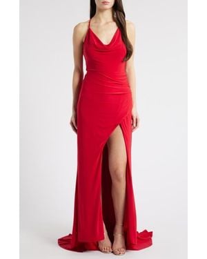 Jump Apparel Cowl Neck Ruched Back Gown - Red