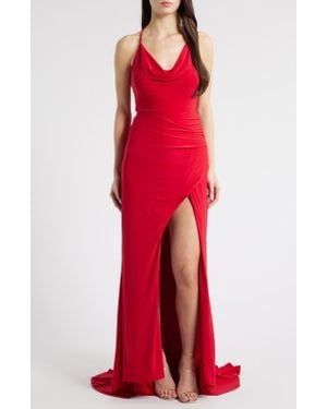 Jump Apparel Cowl Neck Ruched Back Gown - Red