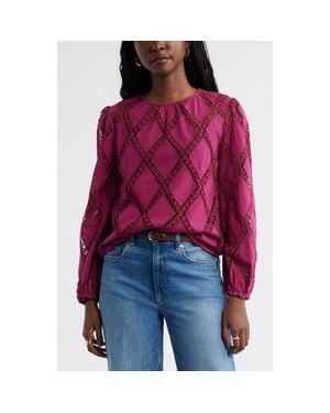 Caslon Lattice Lace Bracelet Length Sheer Cotton Top - Red