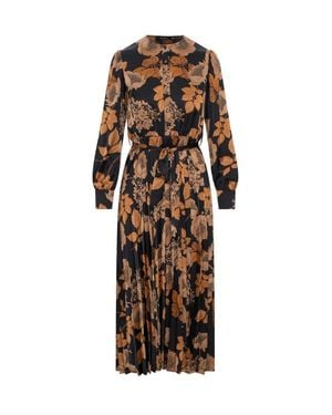 MiuMax Floral Satin Long Sleeve Waist Tie Pleated Dress - Multicolor
