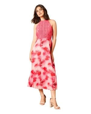 Oasis Printed Lace Mix Halterneck Midi Dress - Red